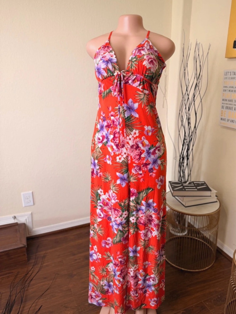 Floral Tie-Front Red Maxi Dress
